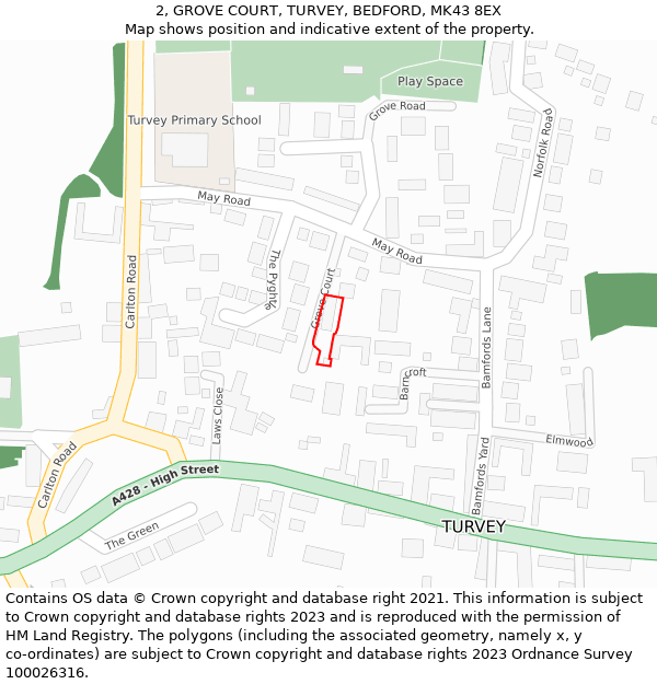2, GROVE COURT, TURVEY, BEDFORD, MK43 8EX: Location map and indicative extent of plot