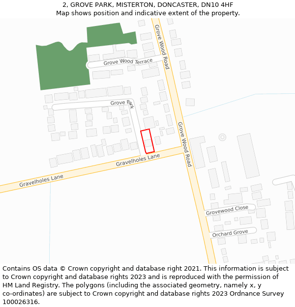 2, GROVE PARK, MISTERTON, DONCASTER, DN10 4HF: Location map and indicative extent of plot