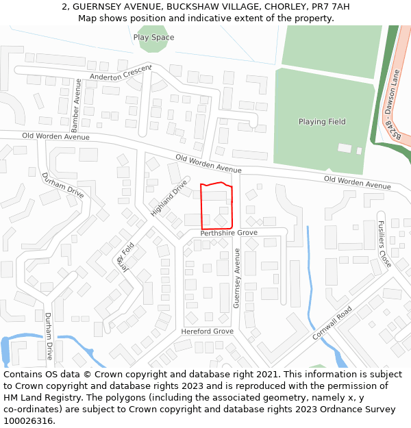 2, GUERNSEY AVENUE, BUCKSHAW VILLAGE, CHORLEY, PR7 7AH: Location map and indicative extent of plot