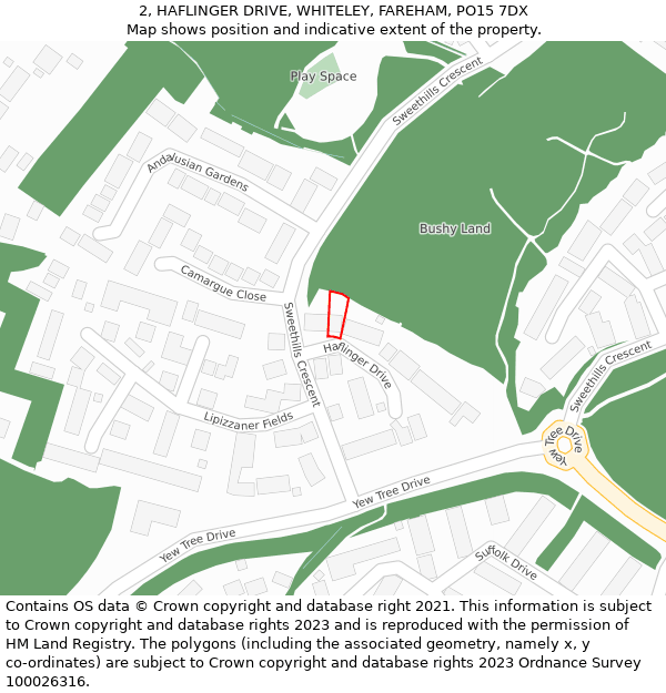 2, HAFLINGER DRIVE, WHITELEY, FAREHAM, PO15 7DX: Location map and indicative extent of plot