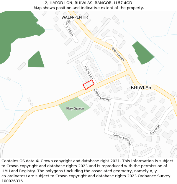 2, HAFOD LON, RHIWLAS, BANGOR, LL57 4GD: Location map and indicative extent of plot