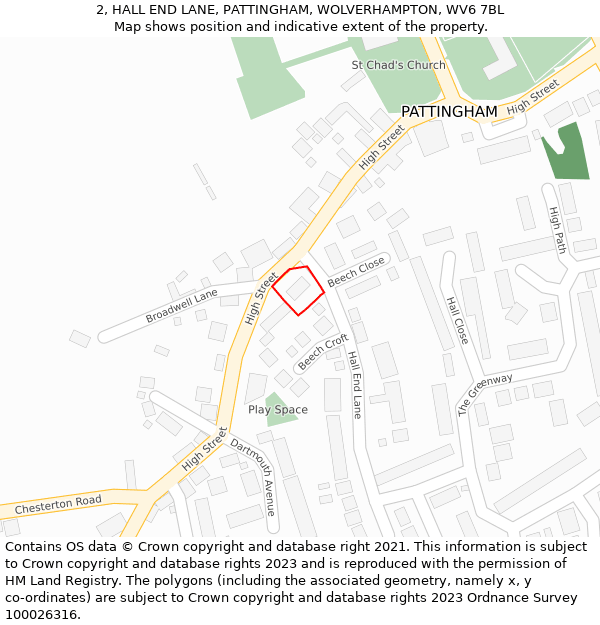 2, HALL END LANE, PATTINGHAM, WOLVERHAMPTON, WV6 7BL: Location map and indicative extent of plot