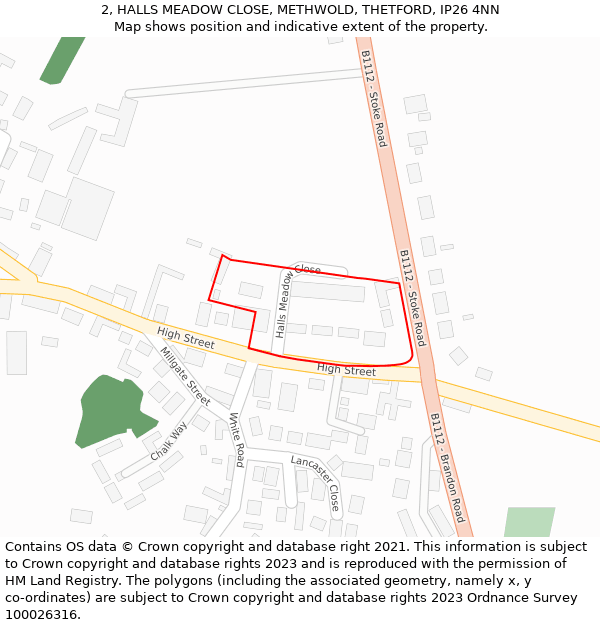 2, HALLS MEADOW CLOSE, METHWOLD, THETFORD, IP26 4NN: Location map and indicative extent of plot