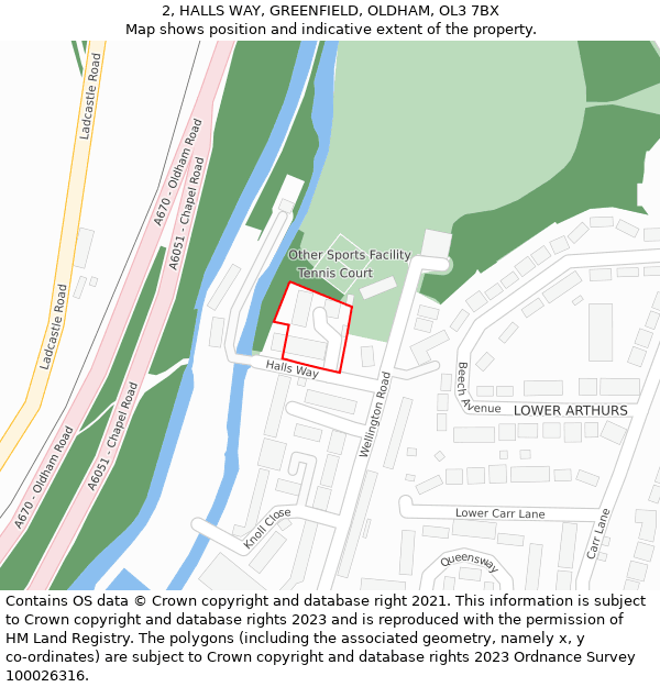 2, HALLS WAY, GREENFIELD, OLDHAM, OL3 7BX: Location map and indicative extent of plot