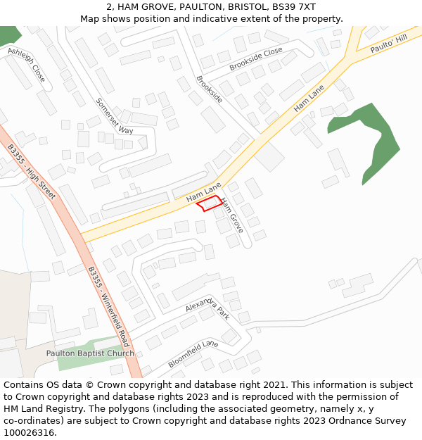 2, HAM GROVE, PAULTON, BRISTOL, BS39 7XT: Location map and indicative extent of plot