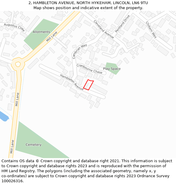 2, HAMBLETON AVENUE, NORTH HYKEHAM, LINCOLN, LN6 9TU: Location map and indicative extent of plot