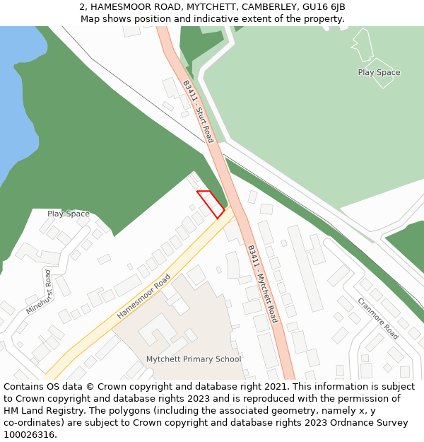 2, HAMESMOOR ROAD, MYTCHETT, CAMBERLEY, GU16 6JB: Location map and indicative extent of plot