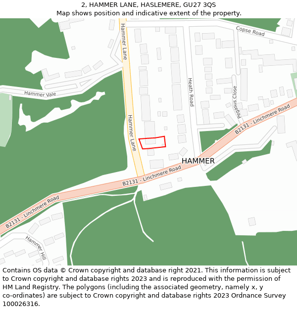 2, HAMMER LANE, HASLEMERE, GU27 3QS: Location map and indicative extent of plot