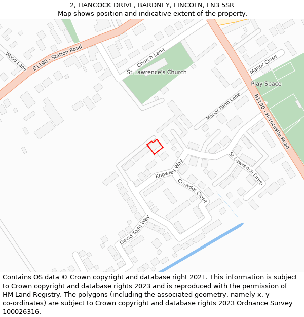 2, HANCOCK DRIVE, BARDNEY, LINCOLN, LN3 5SR: Location map and indicative extent of plot