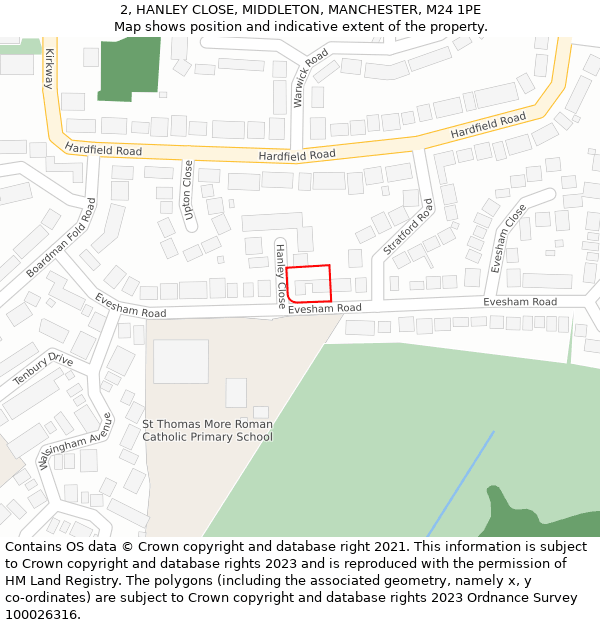 2, HANLEY CLOSE, MIDDLETON, MANCHESTER, M24 1PE: Location map and indicative extent of plot