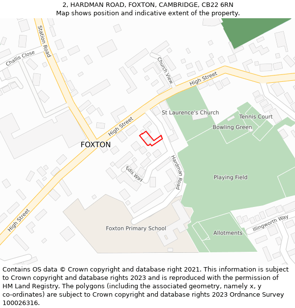 2, HARDMAN ROAD, FOXTON, CAMBRIDGE, CB22 6RN: Location map and indicative extent of plot