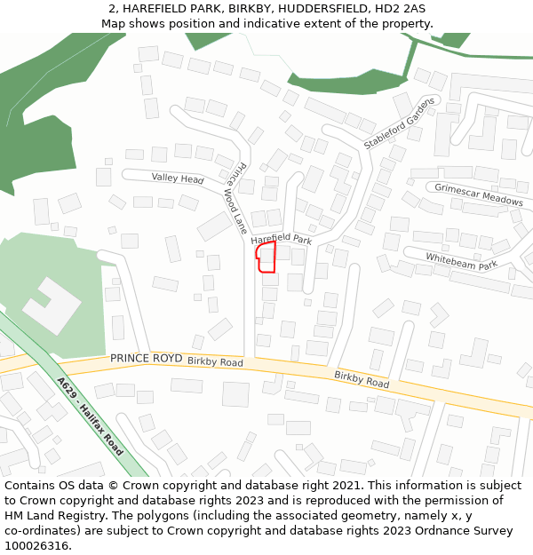 2, HAREFIELD PARK, BIRKBY, HUDDERSFIELD, HD2 2AS: Location map and indicative extent of plot