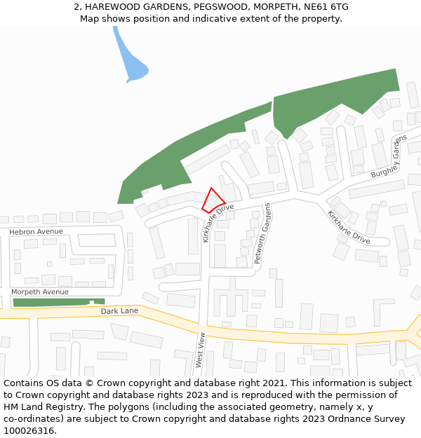 2, HAREWOOD GARDENS, PEGSWOOD, MORPETH, NE61 6TG: Location map and indicative extent of plot