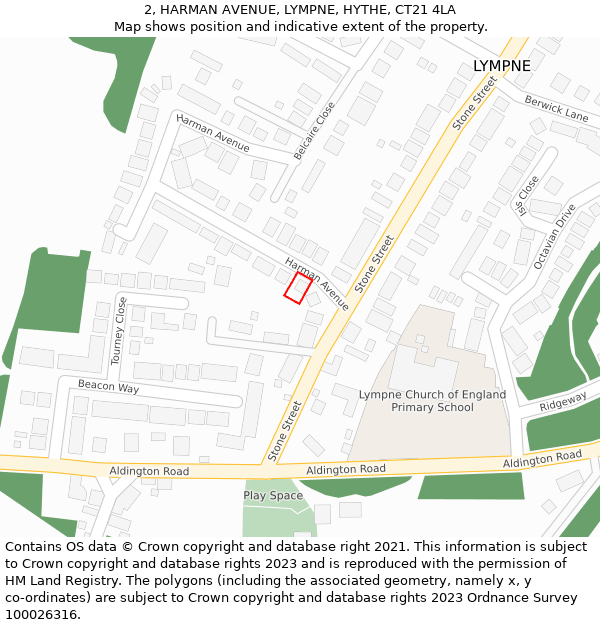 2, HARMAN AVENUE, LYMPNE, HYTHE, CT21 4LA: Location map and indicative extent of plot