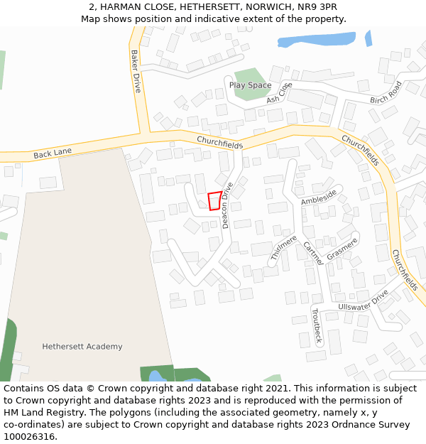 2, HARMAN CLOSE, HETHERSETT, NORWICH, NR9 3PR: Location map and indicative extent of plot