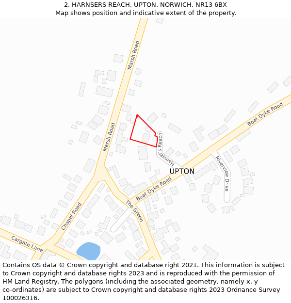 2, HARNSERS REACH, UPTON, NORWICH, NR13 6BX: Location map and indicative extent of plot