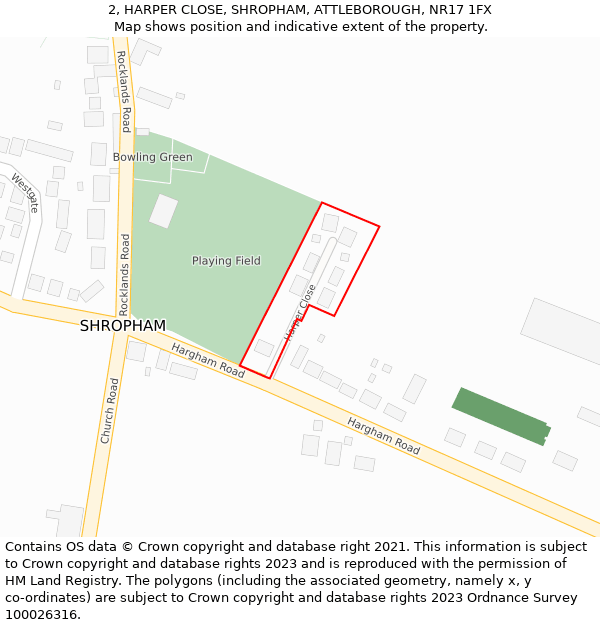 2, HARPER CLOSE, SHROPHAM, ATTLEBOROUGH, NR17 1FX: Location map and indicative extent of plot