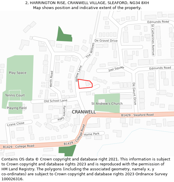 2, HARRINGTON RISE, CRANWELL VILLAGE, SLEAFORD, NG34 8XH: Location map and indicative extent of plot