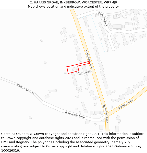 2, HARRIS GROVE, INKBERROW, WORCESTER, WR7 4JR: Location map and indicative extent of plot