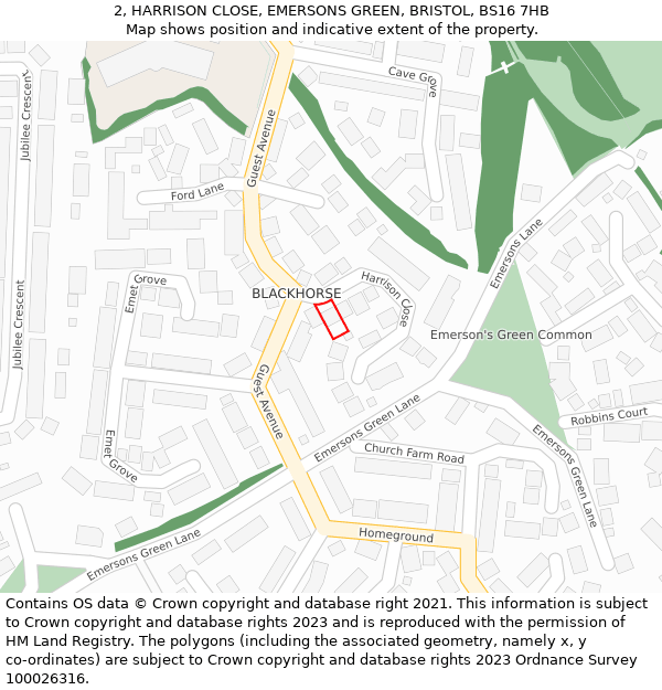2, HARRISON CLOSE, EMERSONS GREEN, BRISTOL, BS16 7HB: Location map and indicative extent of plot