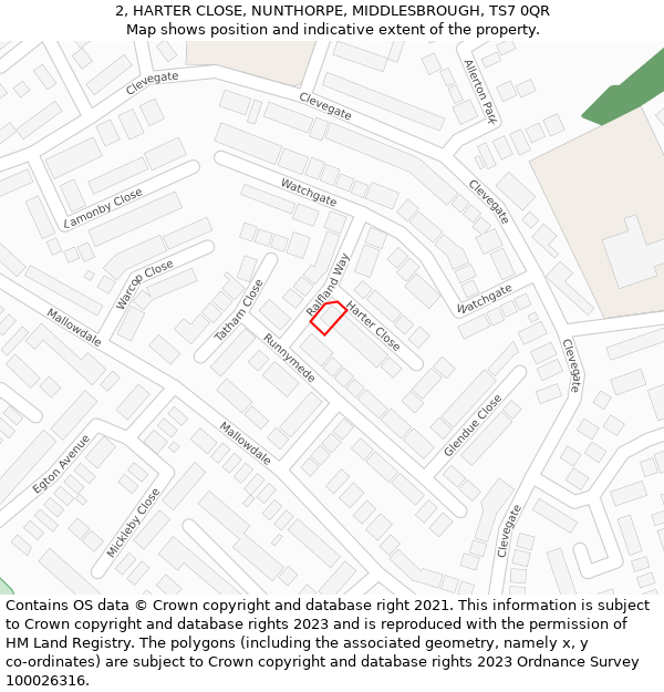 2, HARTER CLOSE, NUNTHORPE, MIDDLESBROUGH, TS7 0QR: Location map and indicative extent of plot