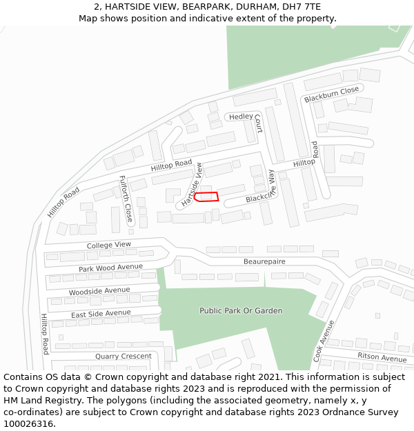 2, HARTSIDE VIEW, BEARPARK, DURHAM, DH7 7TE: Location map and indicative extent of plot