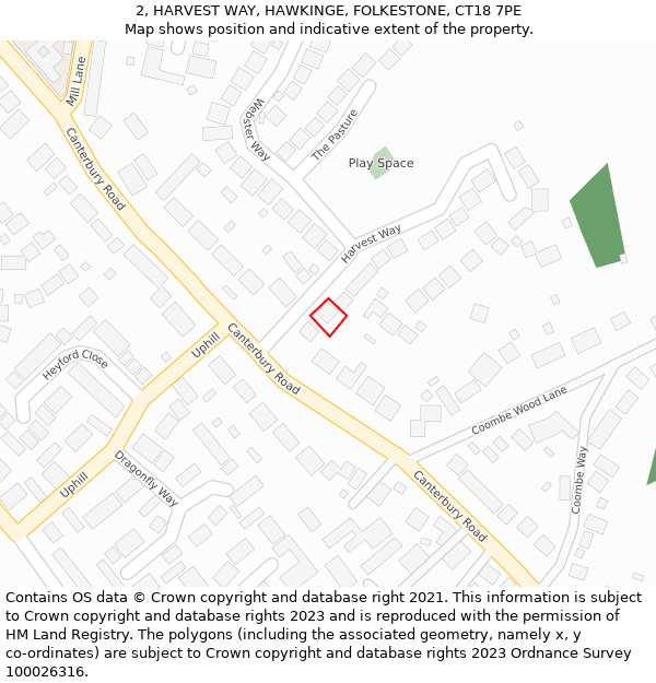 2, HARVEST WAY, HAWKINGE, FOLKESTONE, CT18 7PE: Location map and indicative extent of plot