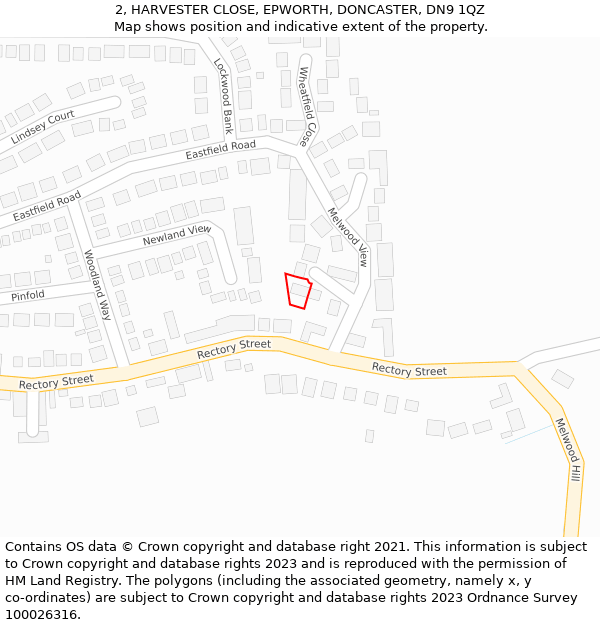 2, HARVESTER CLOSE, EPWORTH, DONCASTER, DN9 1QZ: Location map and indicative extent of plot