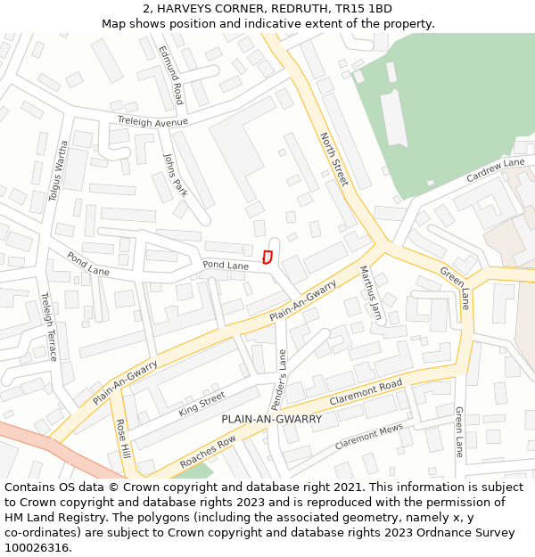 2, HARVEYS CORNER, REDRUTH, TR15 1BD: Location map and indicative extent of plot
