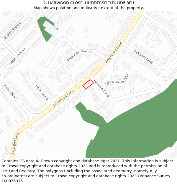 2, HARWOOD CLOSE, HUDDERSFIELD, HD5 8EH: Location map and indicative extent of plot