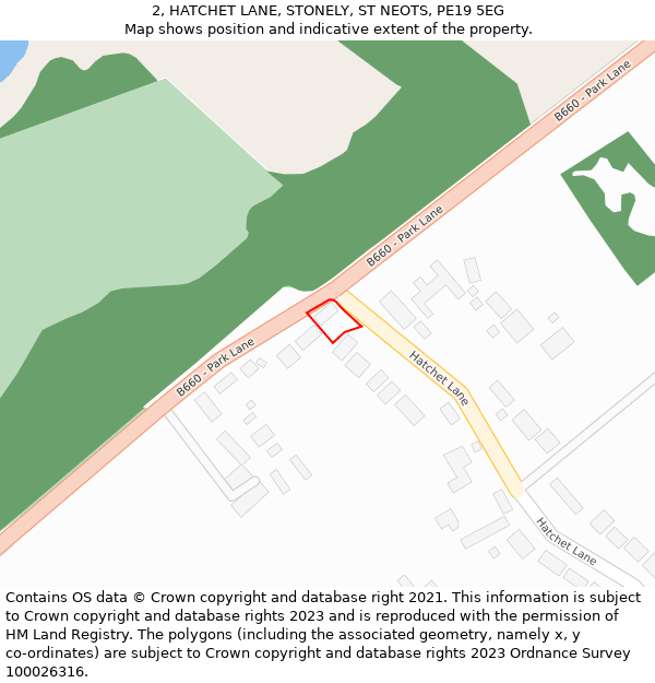 2, HATCHET LANE, STONELY, ST NEOTS, PE19 5EG: Location map and indicative extent of plot