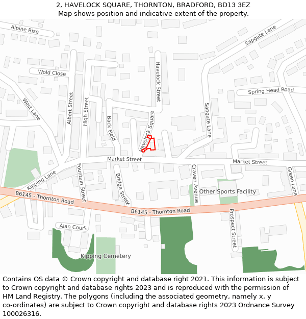 2, HAVELOCK SQUARE, THORNTON, BRADFORD, BD13 3EZ: Location map and indicative extent of plot