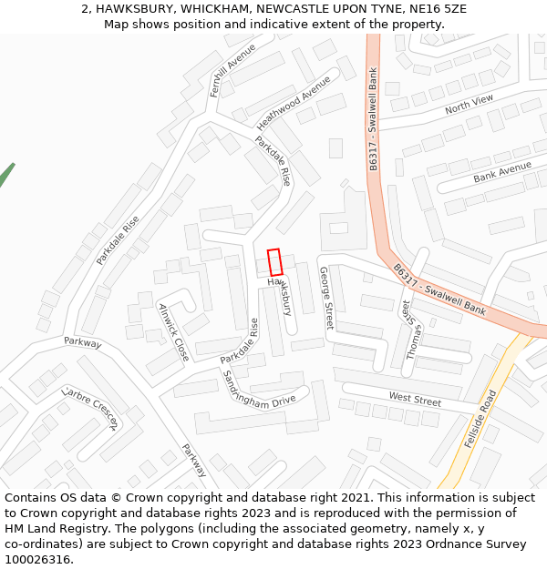 2, HAWKSBURY, WHICKHAM, NEWCASTLE UPON TYNE, NE16 5ZE: Location map and indicative extent of plot