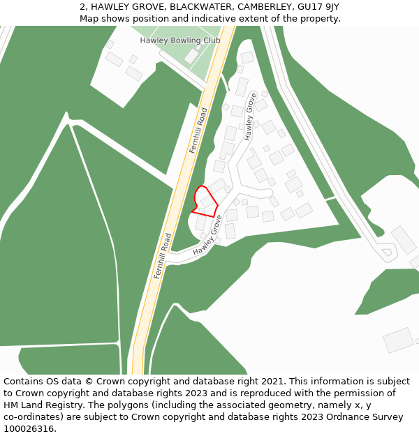 2, HAWLEY GROVE, BLACKWATER, CAMBERLEY, GU17 9JY: Location map and indicative extent of plot