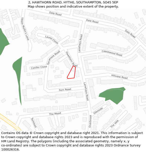 2, HAWTHORN ROAD, HYTHE, SOUTHAMPTON, SO45 5EP: Location map and indicative extent of plot