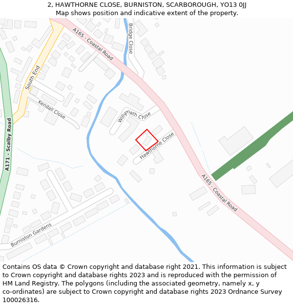 2, HAWTHORNE CLOSE, BURNISTON, SCARBOROUGH, YO13 0JJ: Location map and indicative extent of plot