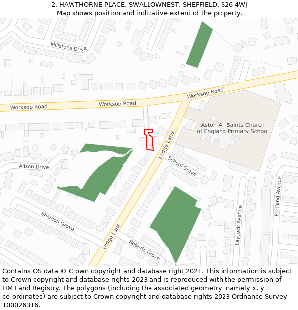 2, HAWTHORNE PLACE, SWALLOWNEST, SHEFFIELD, S26 4WJ: Location map and indicative extent of plot