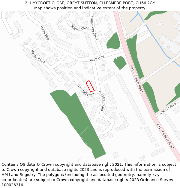 2, HAYCROFT CLOSE, GREAT SUTTON, ELLESMERE PORT, CH66 2GY: Location map and indicative extent of plot