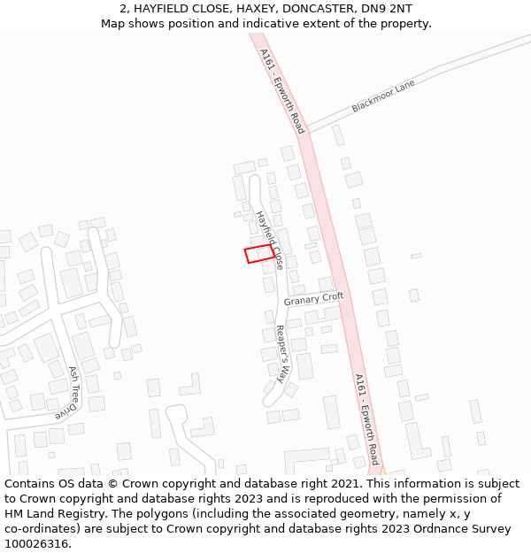 2, HAYFIELD CLOSE, HAXEY, DONCASTER, DN9 2NT: Location map and indicative extent of plot