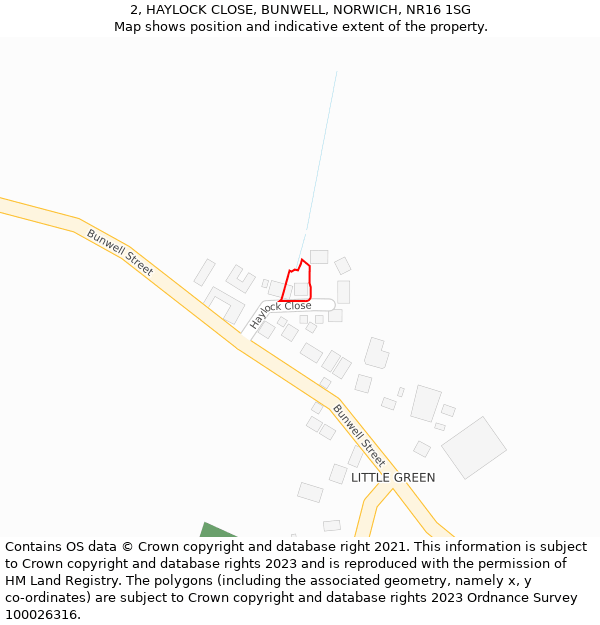 2, HAYLOCK CLOSE, BUNWELL, NORWICH, NR16 1SG: Location map and indicative extent of plot