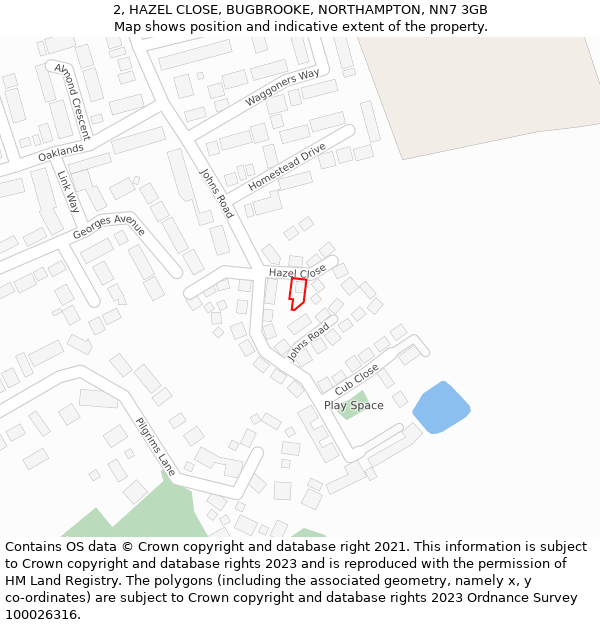 2, HAZEL CLOSE, BUGBROOKE, NORTHAMPTON, NN7 3GB: Location map and indicative extent of plot