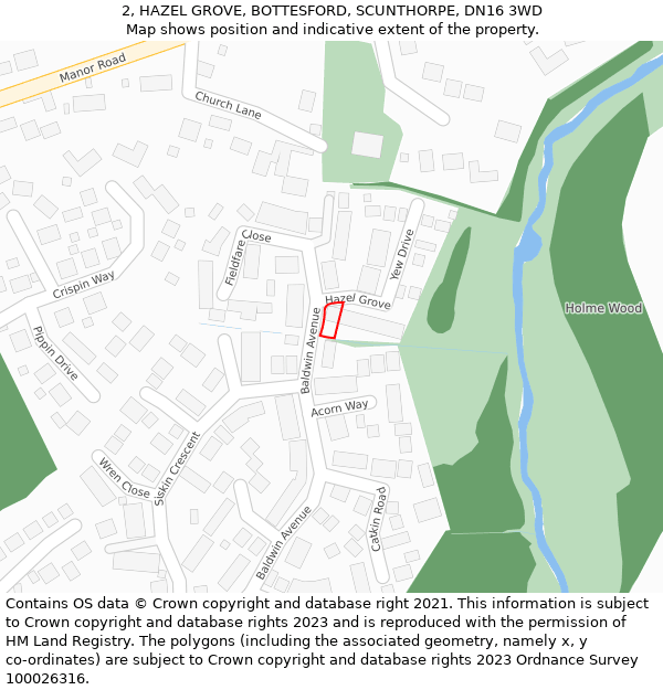 2, HAZEL GROVE, BOTTESFORD, SCUNTHORPE, DN16 3WD: Location map and indicative extent of plot