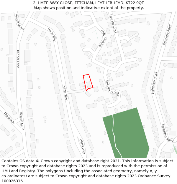 2, HAZELWAY CLOSE, FETCHAM, LEATHERHEAD, KT22 9QE: Location map and indicative extent of plot