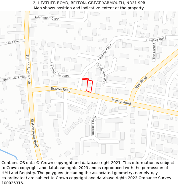 2, HEATHER ROAD, BELTON, GREAT YARMOUTH, NR31 9PR: Location map and indicative extent of plot