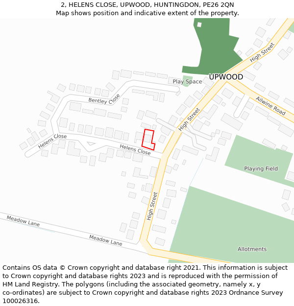 2, HELENS CLOSE, UPWOOD, HUNTINGDON, PE26 2QN: Location map and indicative extent of plot