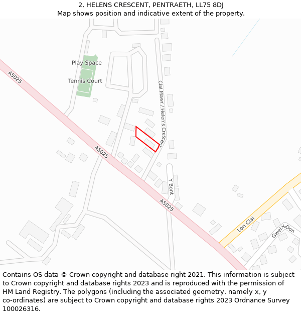 2, HELENS CRESCENT, PENTRAETH, LL75 8DJ: Location map and indicative extent of plot