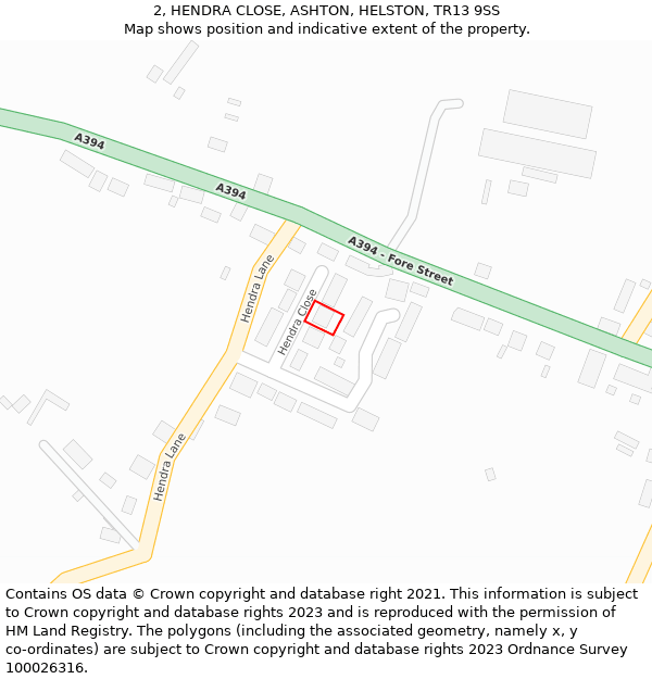 2, HENDRA CLOSE, ASHTON, HELSTON, TR13 9SS: Location map and indicative extent of plot