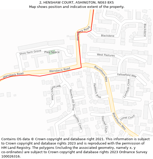 2, HENSHAW COURT, ASHINGTON, NE63 8XS: Location map and indicative extent of plot