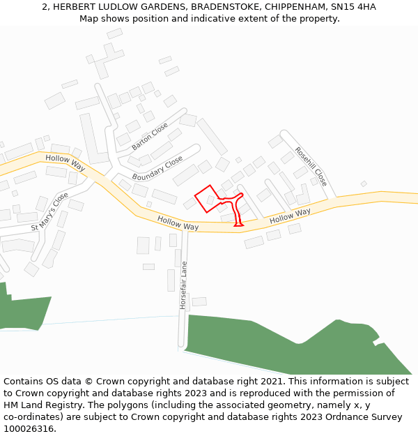 2, HERBERT LUDLOW GARDENS, BRADENSTOKE, CHIPPENHAM, SN15 4HA: Location map and indicative extent of plot