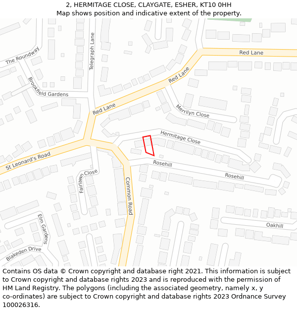 2, HERMITAGE CLOSE, CLAYGATE, ESHER, KT10 0HH: Location map and indicative extent of plot